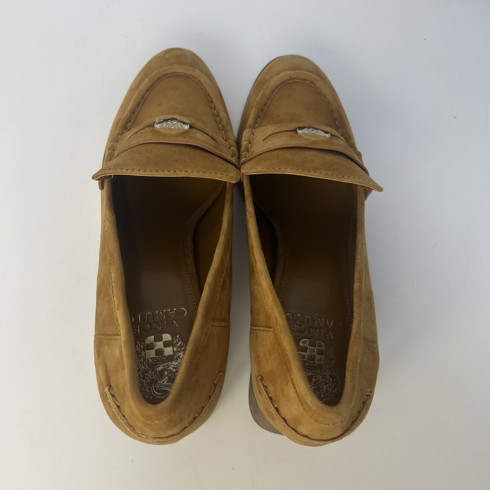 Vince Camuto Carissla Suede Penny Loafer Block Heel Pump Golden Rod 9.5 M NIB - Picture 6 of 11
